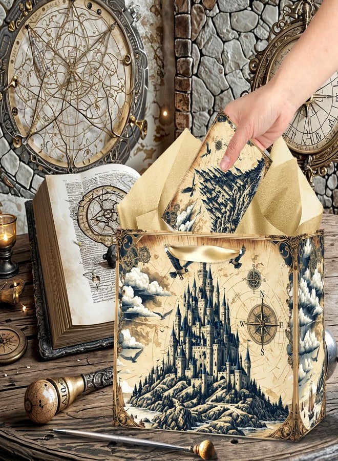 Woosytoo Large Magic Wizard Gift Bag with Tissue Paper and Greeting Card Ancient Castle Princess Birthday Party Favor Bags Magical Wizard School Wedding Gift Wrapping Paper Bag for Themed Birthday Party - Image 4